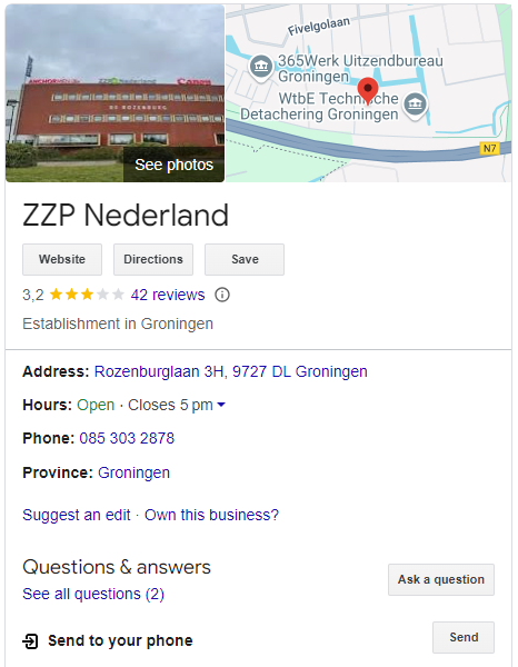 Voorbeeld van een Google Bedrijfsprofiel