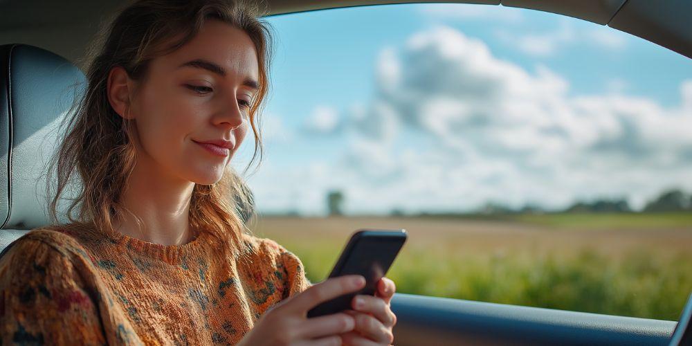 Vrouwelijke zzp'er kijkt tevreden naar haar telefoon nadat ze online eenvoudig haar bijtelling heeft berekend.